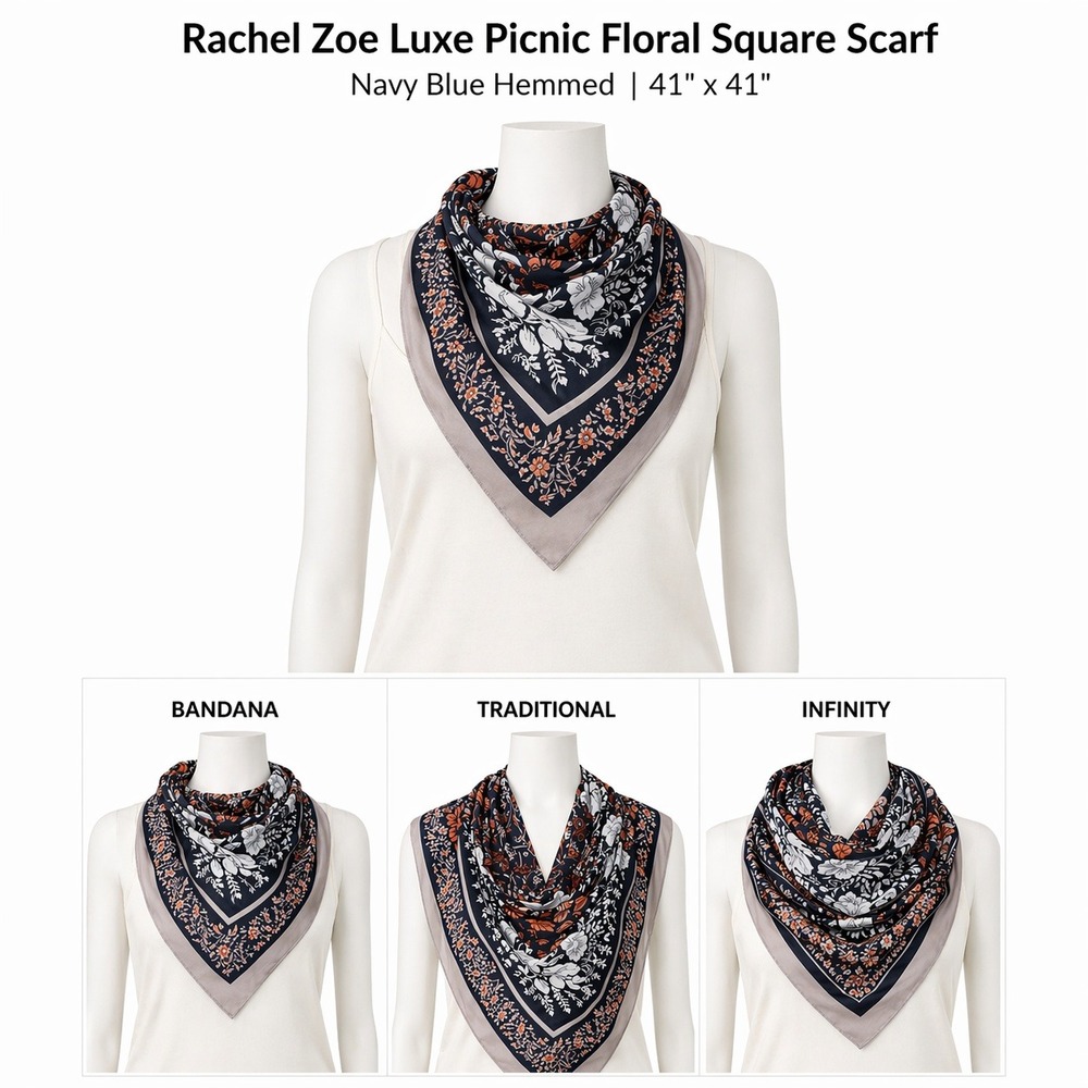 Rachel Zoe Luxe Picnic Floral Square Scarf Navy Blue Hemmed 41x41 A220366‎ NWT